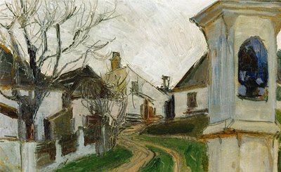 Bare Trees, Houses, and Shrine by Egon Schiele